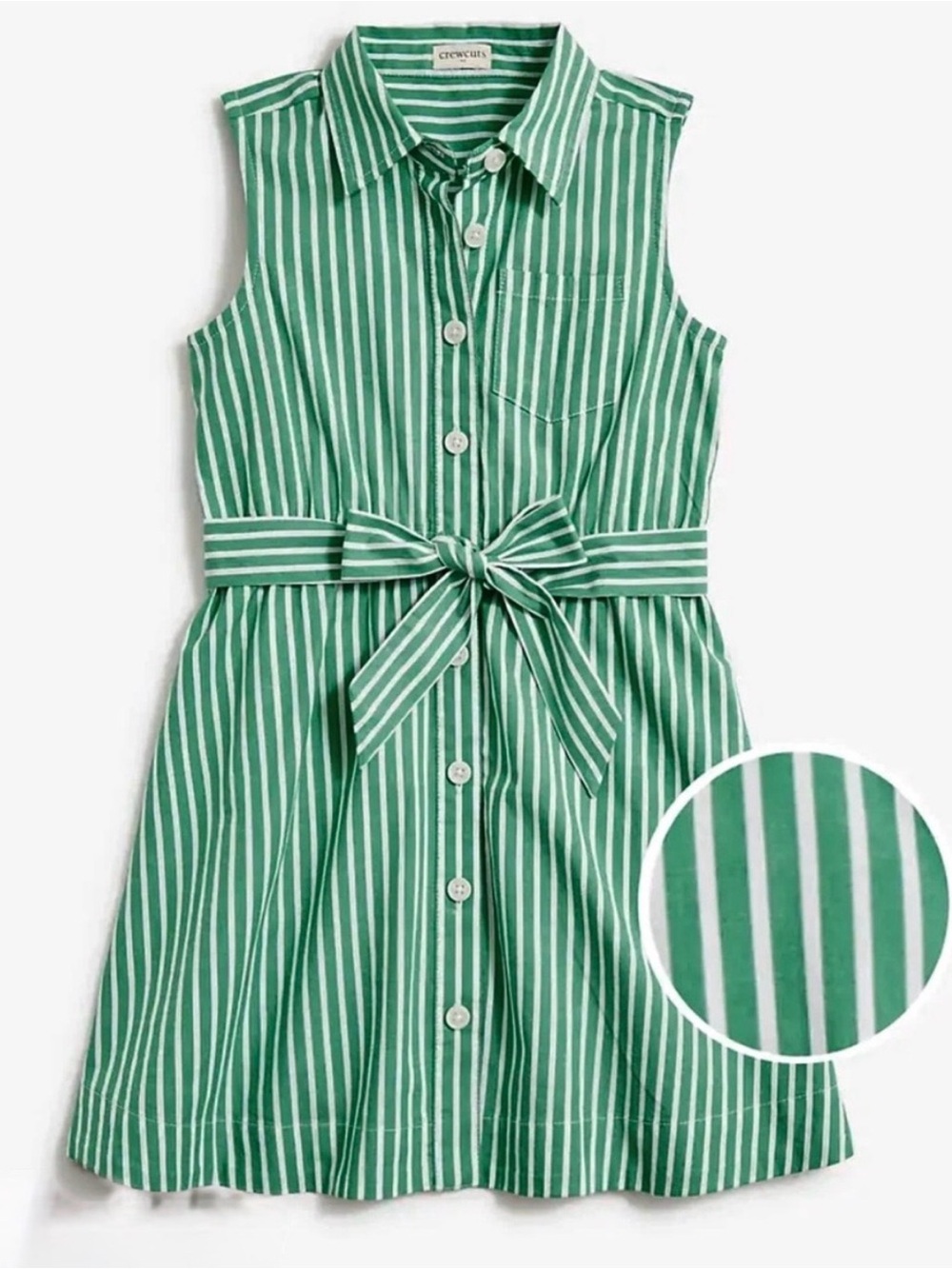 J. Crew Crewcuts Green and White Striped Sleeveless Shirt Dress with Waist Tie